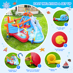 Bellemave® 9 - in - 1 Inflatable Water Park for Kids, Dual Slides Climbing Wall Anchor Ring Toss Basketball Hoop Dual Water Guns Shallow & Bathing Pools - Bellemave