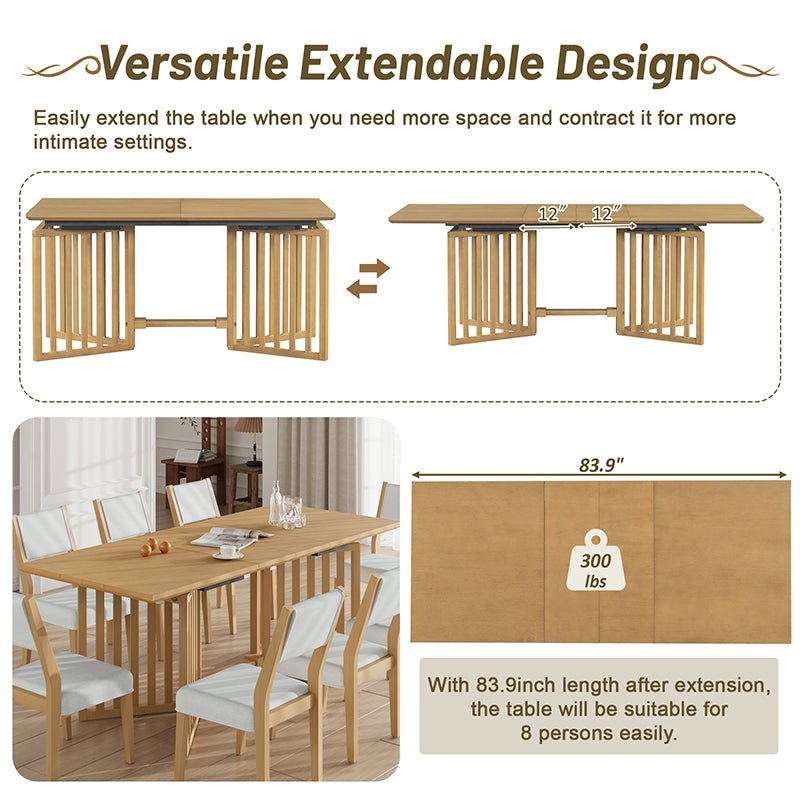 Bellemave® 9 - Piece Farmhouse 83.9" Extendable Dining Table Set with 2 12 - inch Removable Leaves and 8 Upholstered Dining Chairs - Bellemave