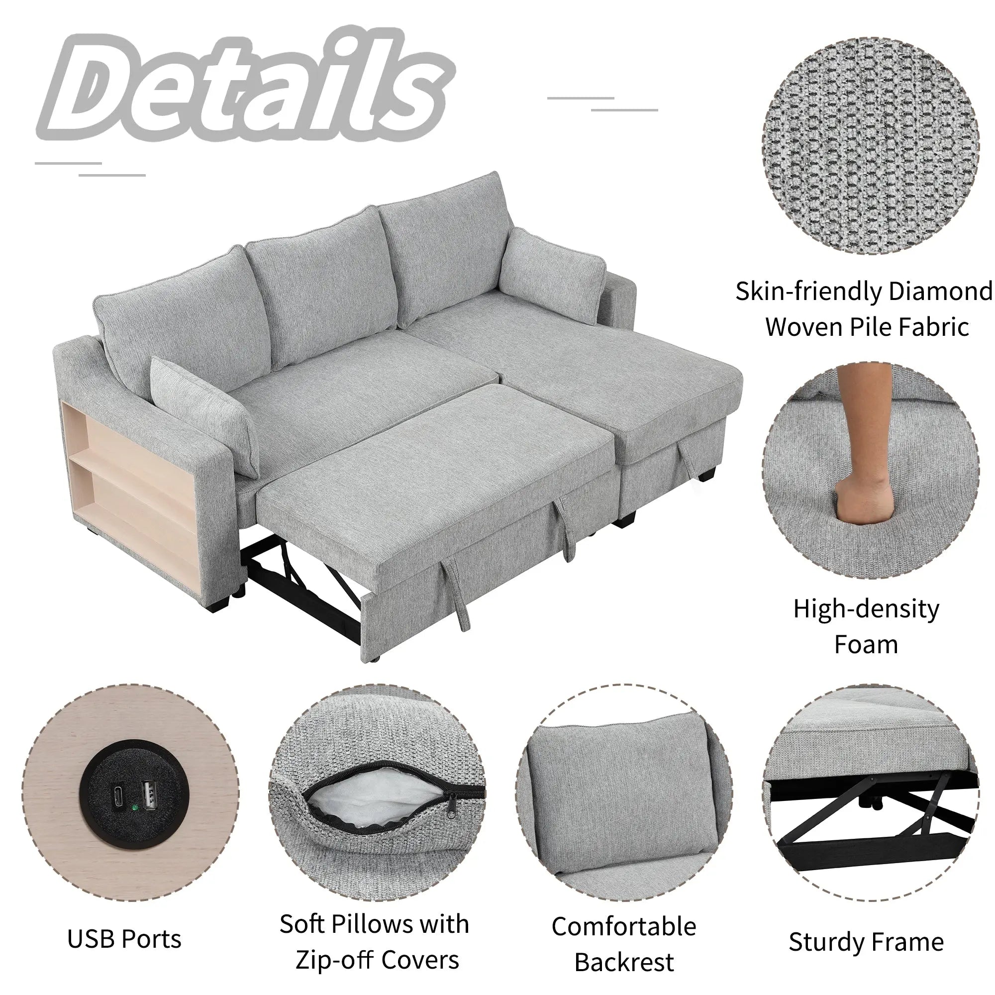 Bellemave® 90" L - Shaped Couch Convertible Sofa Bed with Storage Chaise, Storage Racks and USB Ports - Bellemave