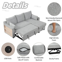 Bellemave® 90" L - Shaped Couch Convertible Sofa Bed with Storage Chaise, Storage Racks and USB Ports - Bellemave