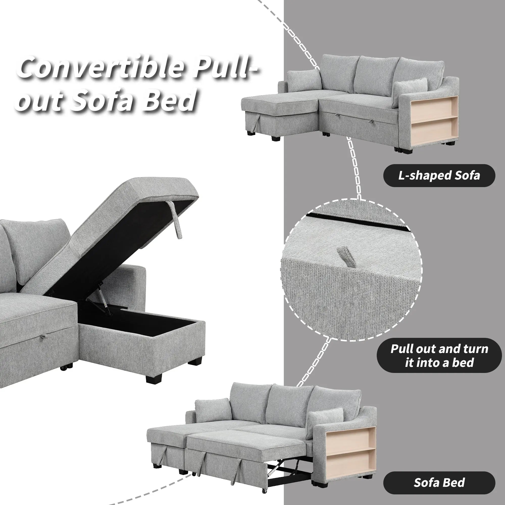 Bellemave® 90" L - Shaped Couch Convertible Sofa Bed with Storage Chaise, Storage Racks and USB Ports - Bellemave