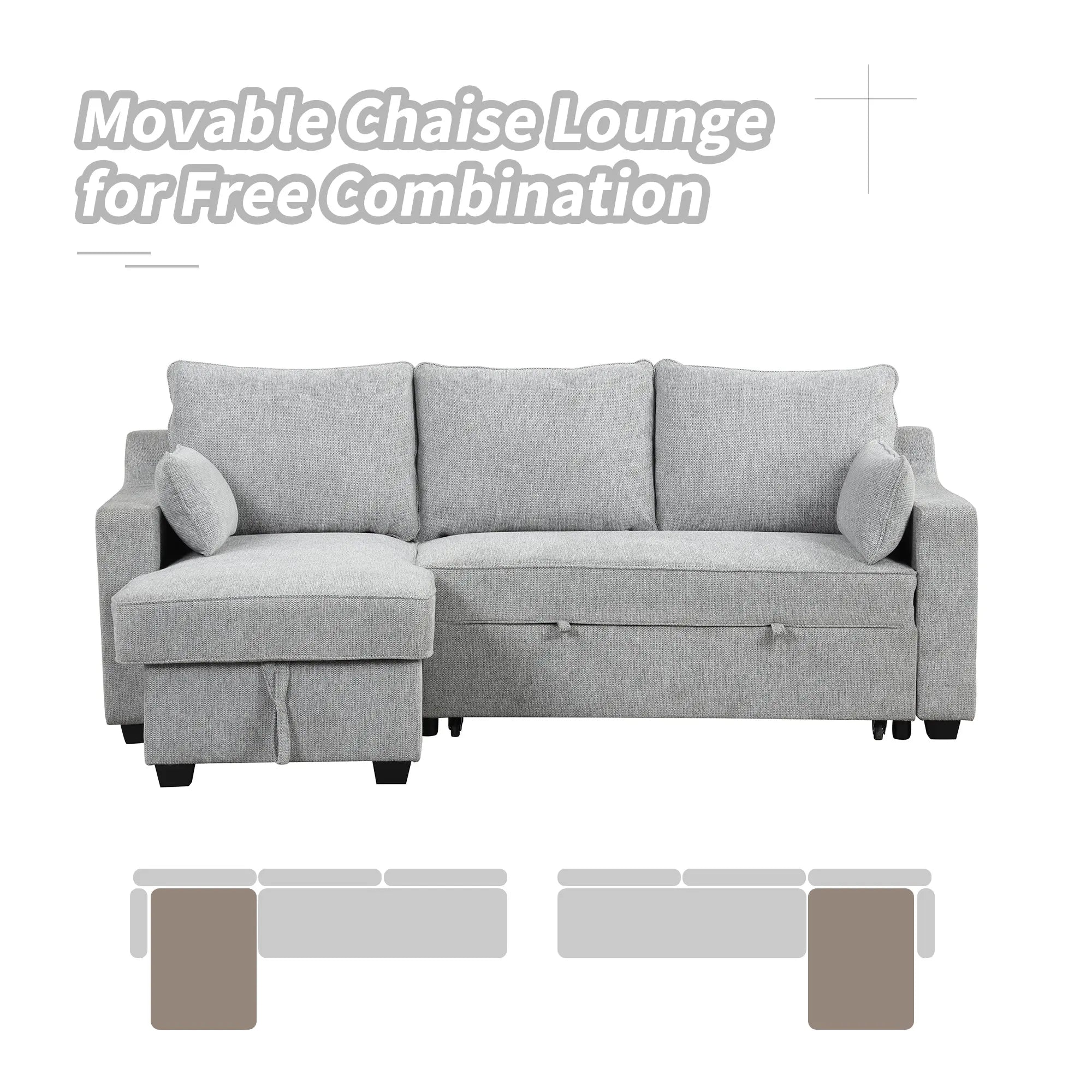 Bellemave® 90" L - Shaped Couch Convertible Sofa Bed with Storage Chaise, Storage Racks and USB Ports - Bellemave