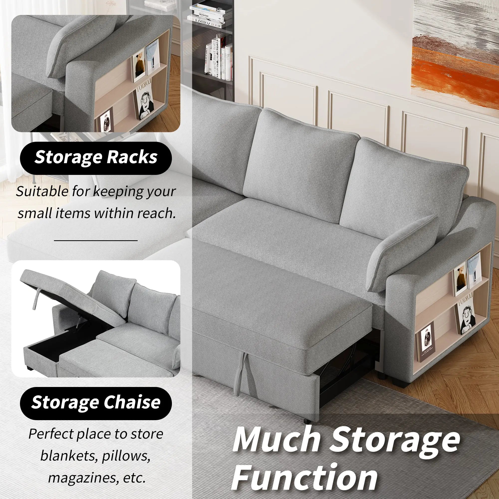 Bellemave® 90" L - Shaped Couch Convertible Sofa Bed with Storage Chaise, Storage Racks and USB Ports - Bellemave
