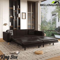 Bellemave® 92.1'' Pull Out Sofa Bed King, Faux Leather Futon Couch, 3 - in - 1 Convertible Sleeper Sofa with Tufted Back, Gold Furniture Legs, Deep Loveseat for Living Room, Apartment, Office - Bellemave