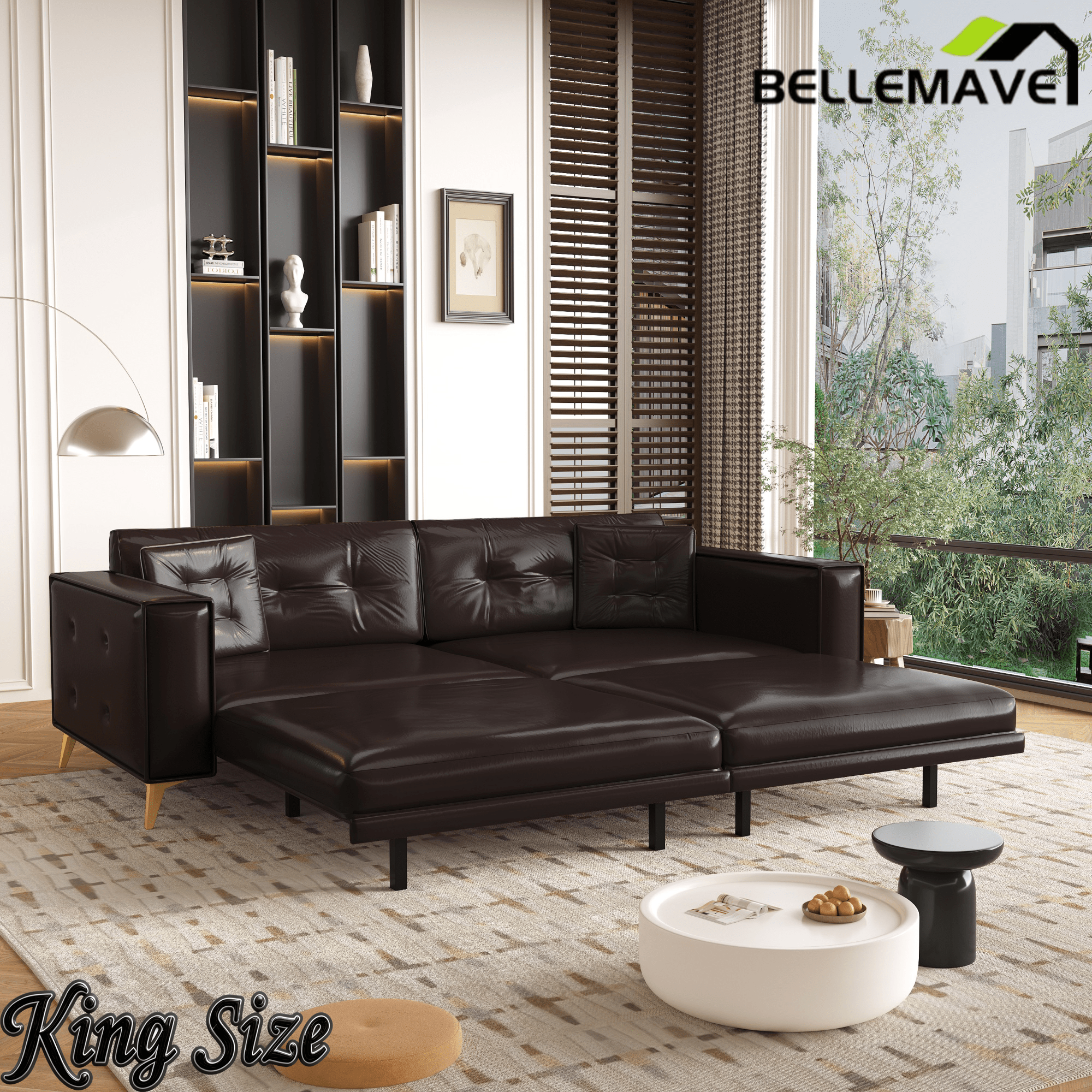 Bellemave® 92.1'' Pull Out Sofa Bed King, Faux Leather Futon Couch, 3 - in - 1 Convertible Sleeper Sofa with Tufted Back, Gold Furniture Legs, Deep Loveseat for Living Room, Apartment, Office - Bellemave