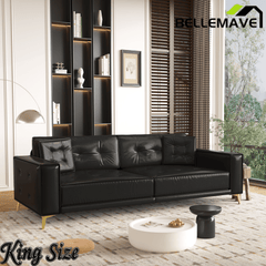 Bellemave® 92.1'' Pull Out Sofa Bed King, Faux Leather Futon Couch, 3 - in - 1 Convertible Sleeper Sofa with Tufted Back, Gold Furniture Legs, Deep Loveseat for Living Room, Apartment, Office - Bellemave