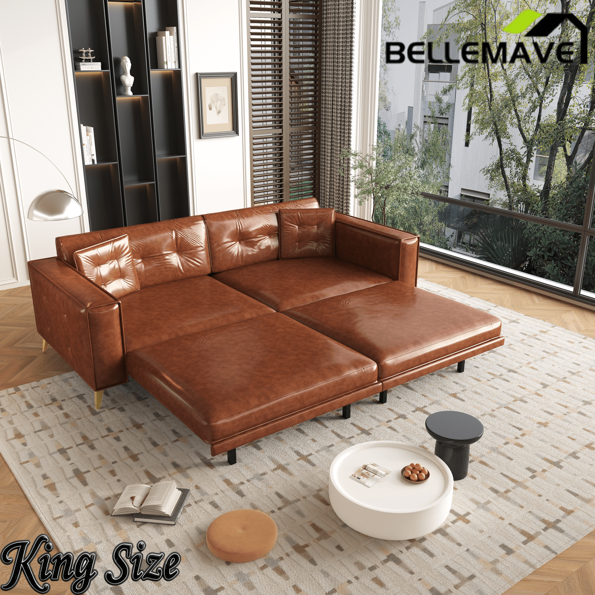 Bellemave® 92.1'' Pull Out Sofa Bed King, Faux Leather Futon Couch, 3 - in - 1 Convertible Sleeper Sofa with Tufted Back, Gold Furniture Legs, Deep Loveseat for Living Room, Apartment, Office - Bellemave