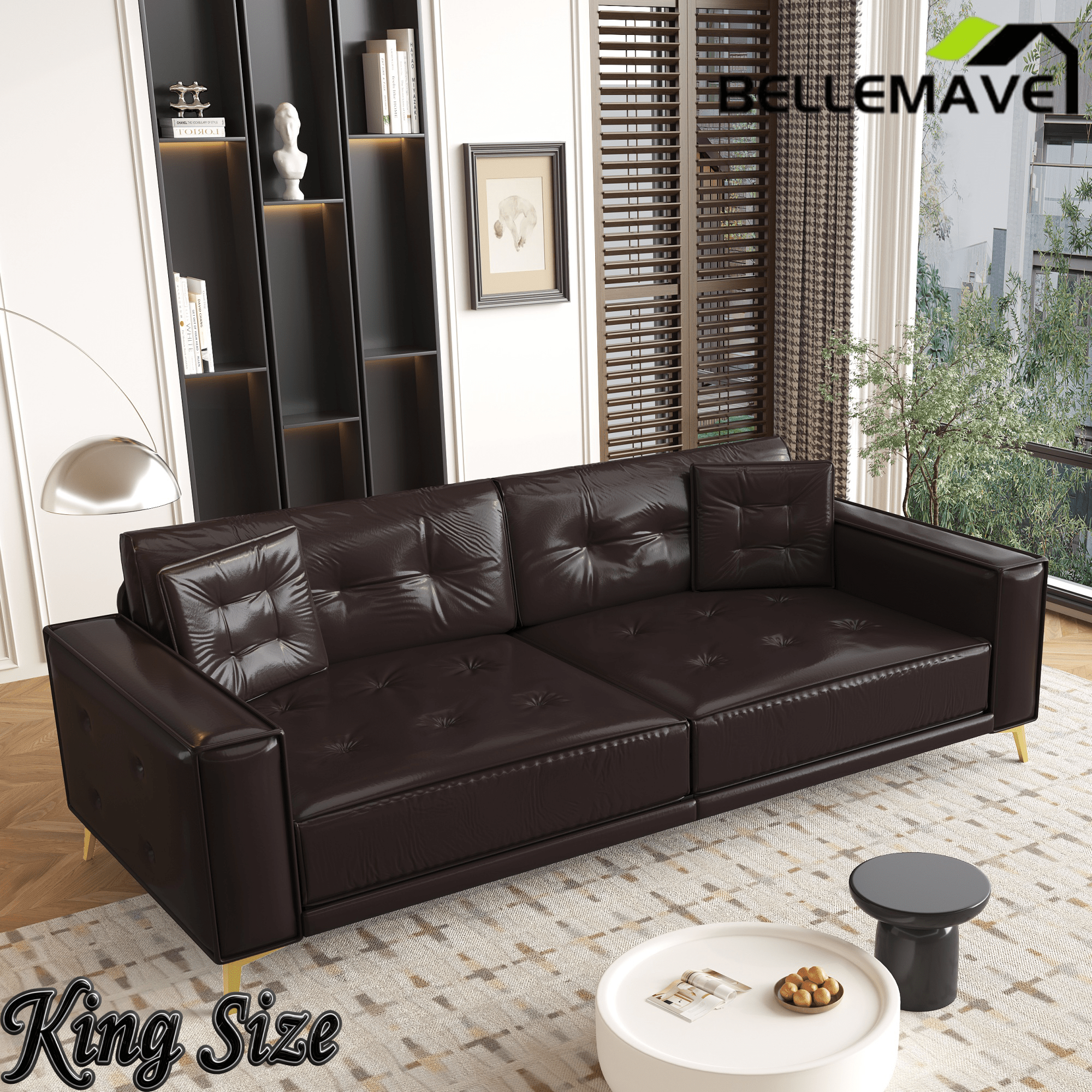Bellemave® 92.1'' Pull Out Sofa Bed King, Faux Leather Futon Couch, 3 - in - 1 Convertible Sleeper Sofa with Tufted Back, Gold Furniture Legs, Deep Loveseat for Living Room, Apartment, Office - Bellemave