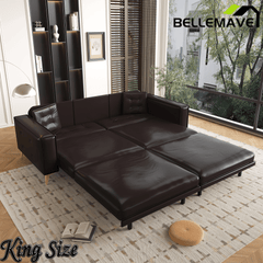 Bellemave® 92.1'' Pull Out Sofa Bed King, Faux Leather Futon Couch, 3 - in - 1 Convertible Sleeper Sofa with Tufted Back, Gold Furniture Legs, Deep Loveseat for Living Room, Apartment, Office - Bellemave