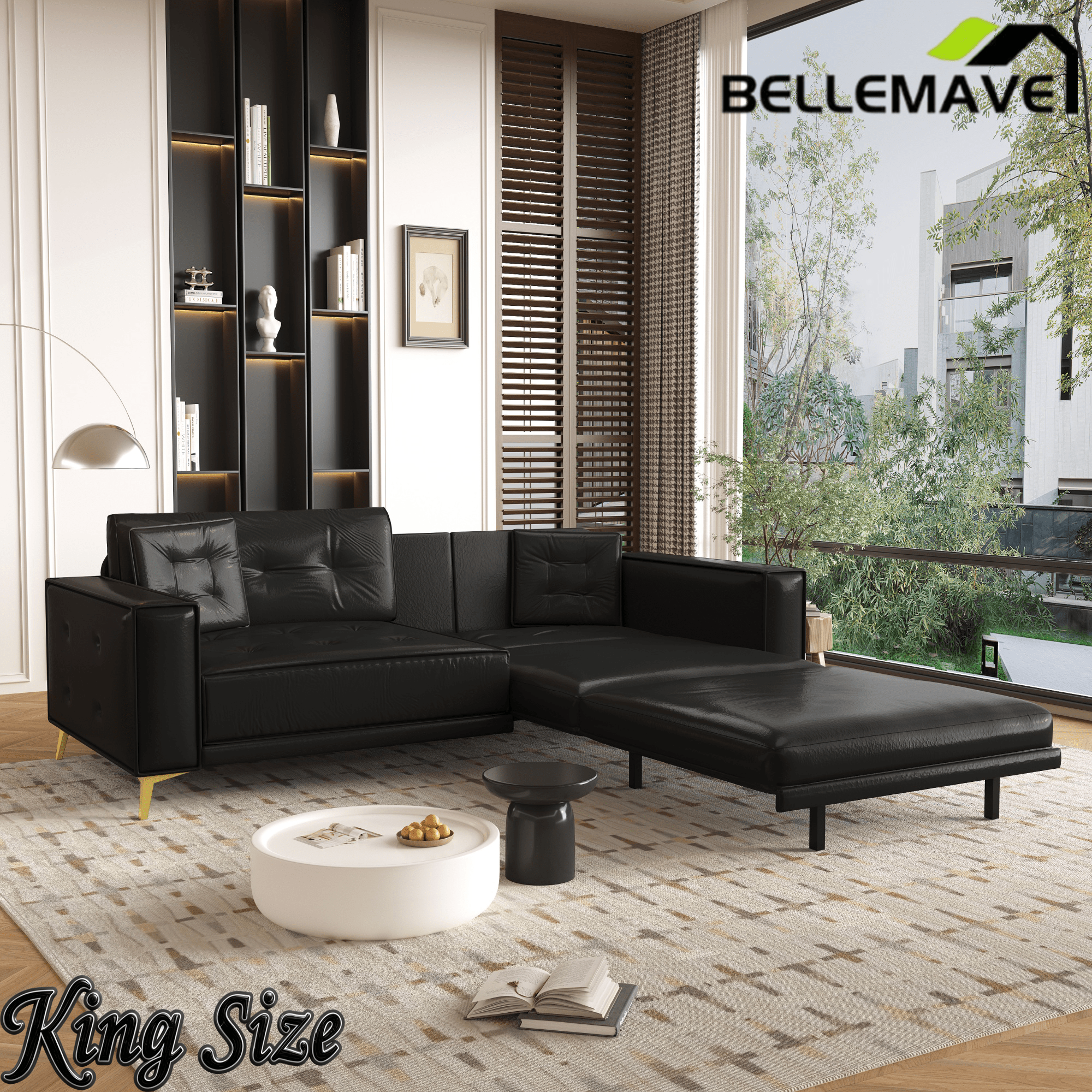 Bellemave® 92.1'' Pull Out Sofa Bed King, Faux Leather Futon Couch, 3 - in - 1 Convertible Sleeper Sofa with Tufted Back, Gold Furniture Legs, Deep Loveseat for Living Room, Apartment, Office - Bellemave