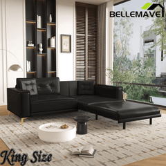 Bellemave® 92.1'' Pull Out Sofa Bed King, Faux Leather Futon Couch, 3 - in - 1 Convertible Sleeper Sofa with Tufted Back, Gold Furniture Legs, Deep Loveseat for Living Room, Apartment, Office - Bellemave