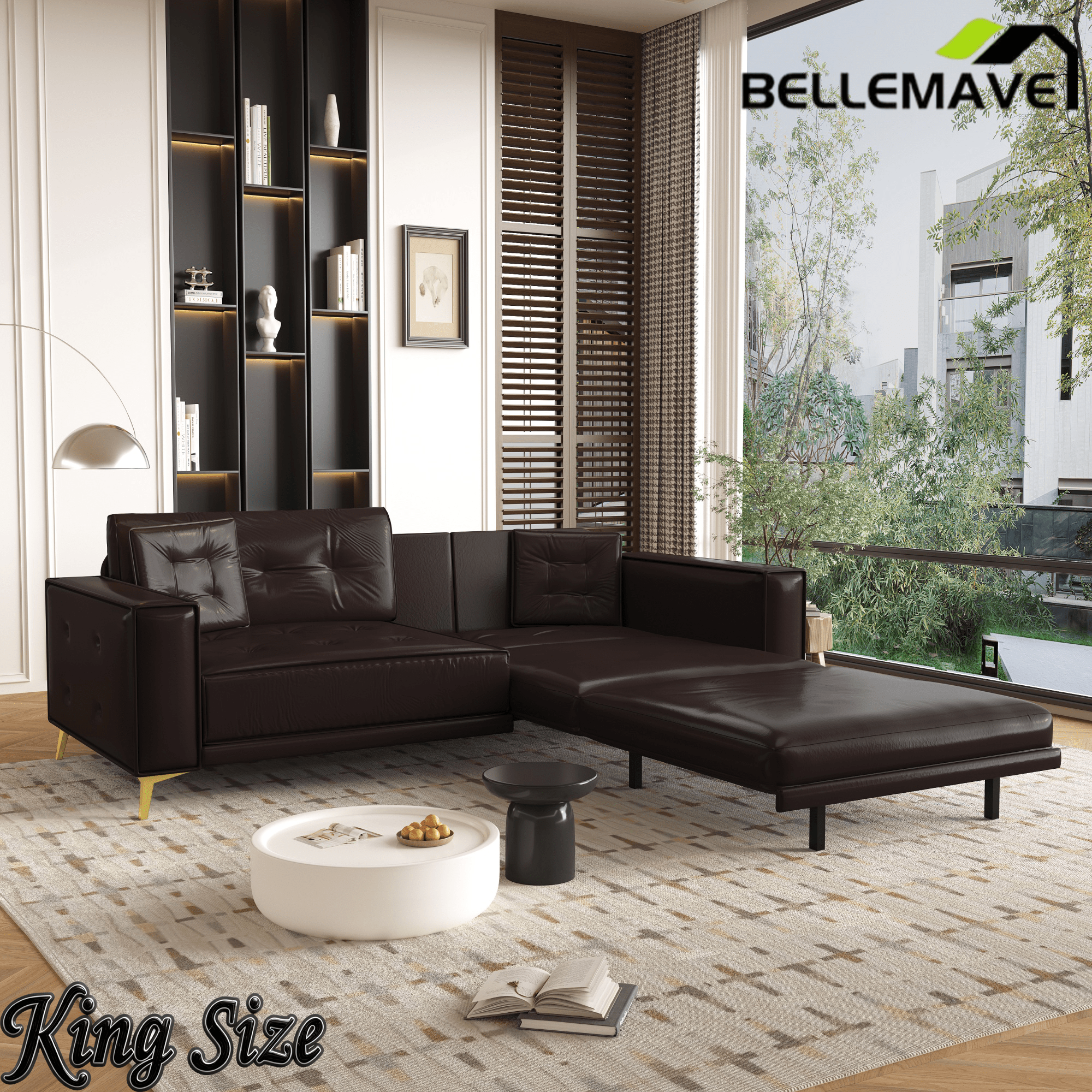 Bellemave® 92.1'' Pull Out Sofa Bed King, Faux Leather Futon Couch, 3 - in - 1 Convertible Sleeper Sofa with Tufted Back, Gold Furniture Legs, Deep Loveseat for Living Room, Apartment, Office - Bellemave