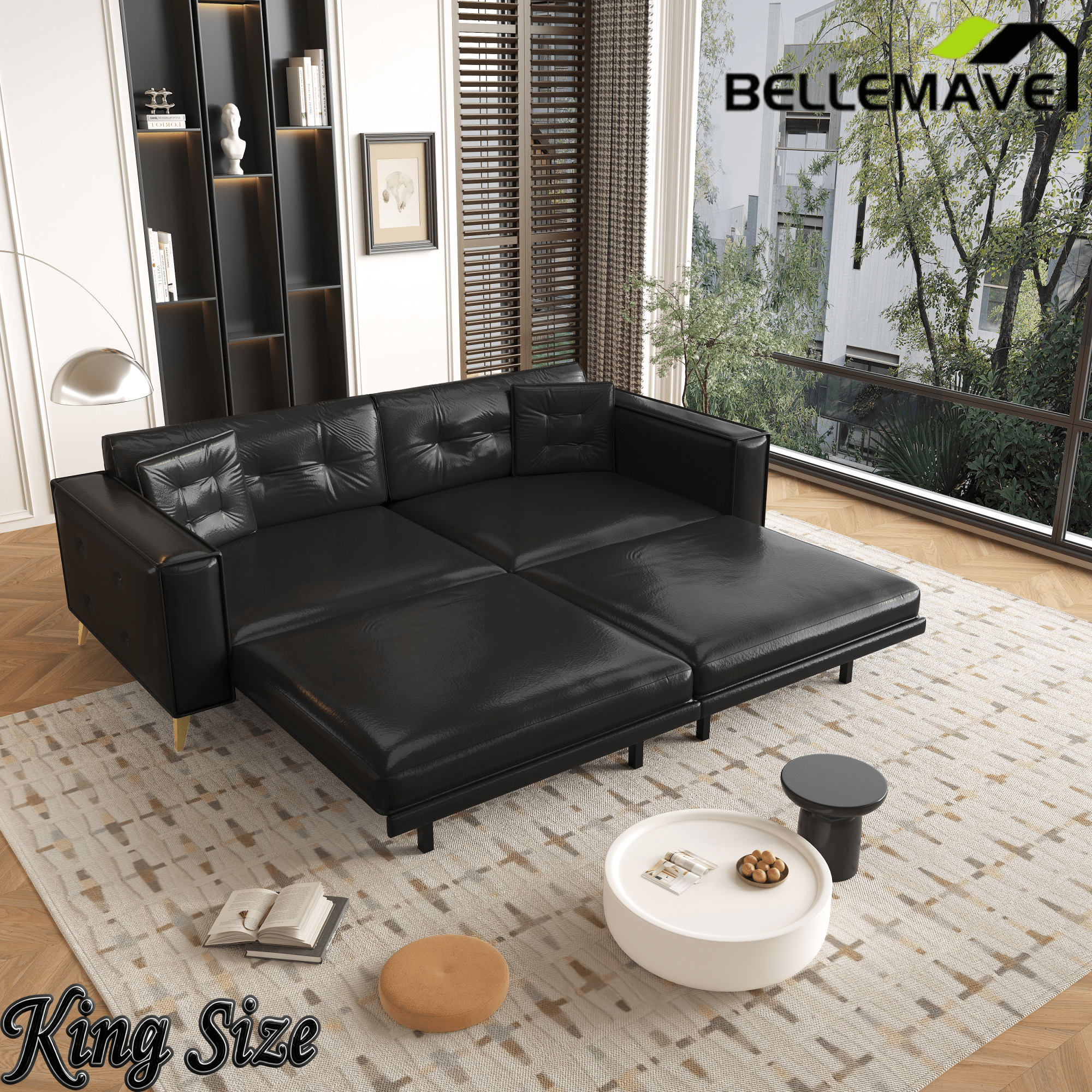 Bellemave® 92.1'' Pull Out Sofa Bed King, Faux Leather Futon Couch, 3 - in - 1 Convertible Sleeper Sofa with Tufted Back, Gold Furniture Legs, Deep Loveseat for Living Room, Apartment, Office - Bellemave