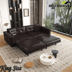 Bellemave® 92.1'' Pull Out Sofa Bed King, Faux Leather Futon Couch, 3 - in - 1 Convertible Sleeper Sofa with Tufted Back, Gold Furniture Legs, Deep Loveseat for Living Room, Apartment, Office - Bellemave