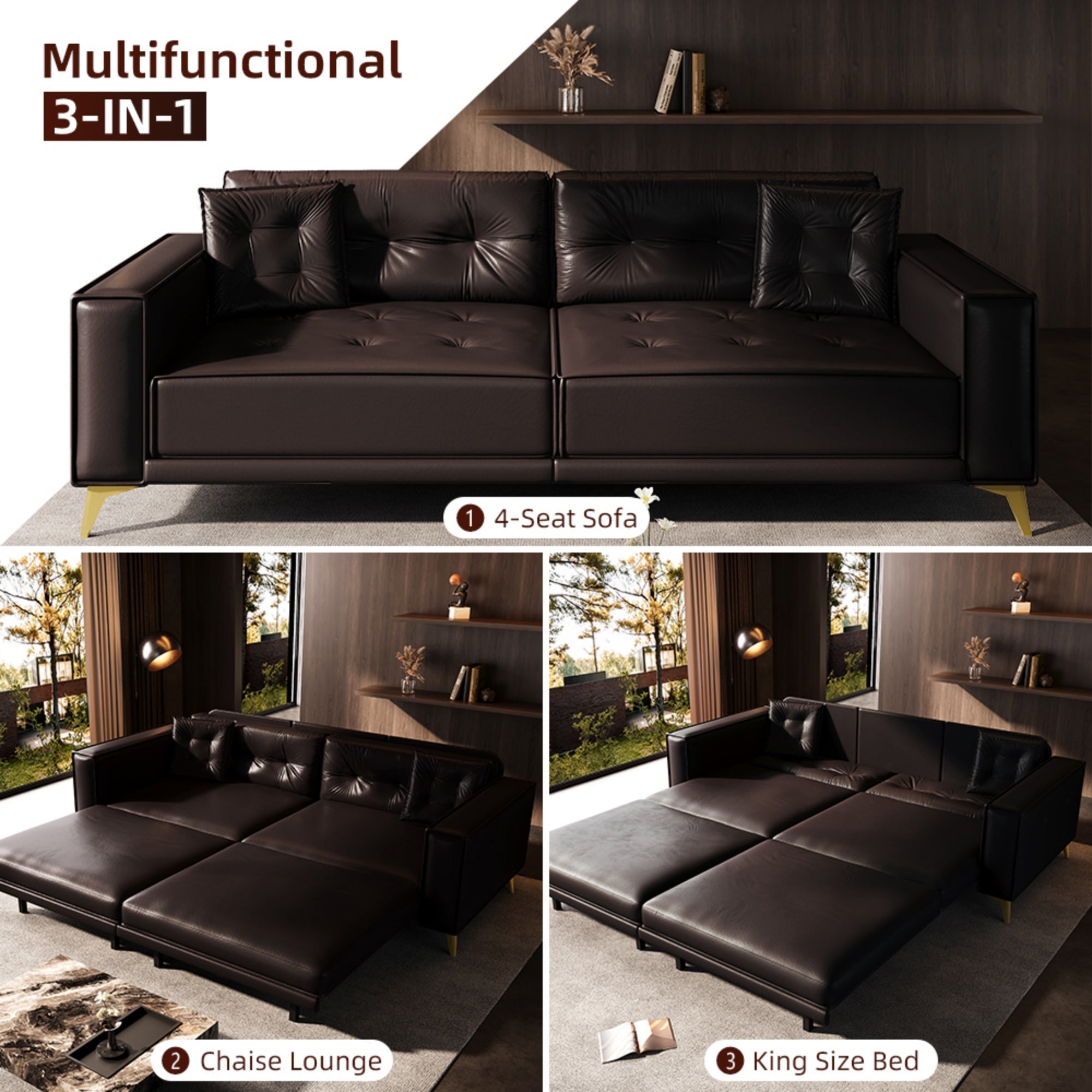 Bellemave® 92.1'' Pull Out Sofa Bed King, Faux Leather Futon Couch, 3 - in - 1 Convertible Sleeper Sofa with Tufted Back, Gold Furniture Legs, Deep Loveseat for Living Room, Apartment, Office - Bellemave