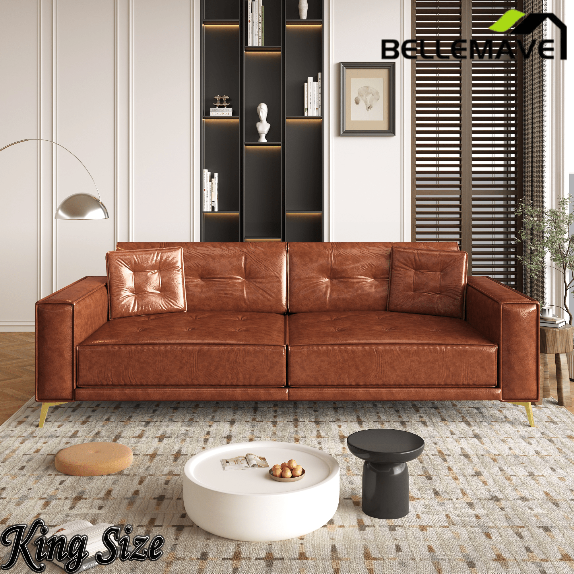 Bellemave® 92.1'' Pull Out Sofa Bed King, Faux Leather Futon Couch, 3 - in - 1 Convertible Sleeper Sofa with Tufted Back, Gold Furniture Legs, Deep Loveseat for Living Room, Apartment, Office - Bellemave