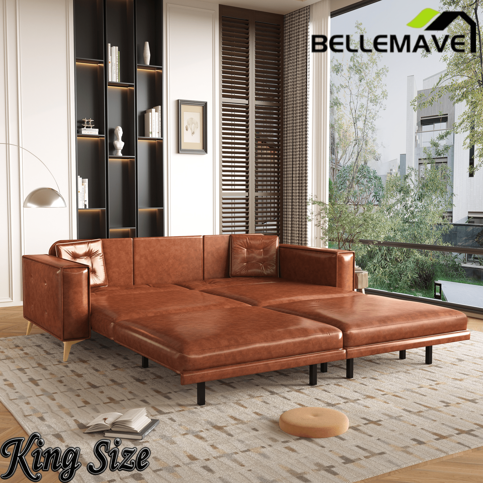 Bellemave® 92.1'' Pull Out Sofa Bed King, Faux Leather Futon Couch, 3 - in - 1 Convertible Sleeper Sofa with Tufted Back, Gold Furniture Legs, Deep Loveseat for Living Room, Apartment, Office - Bellemave