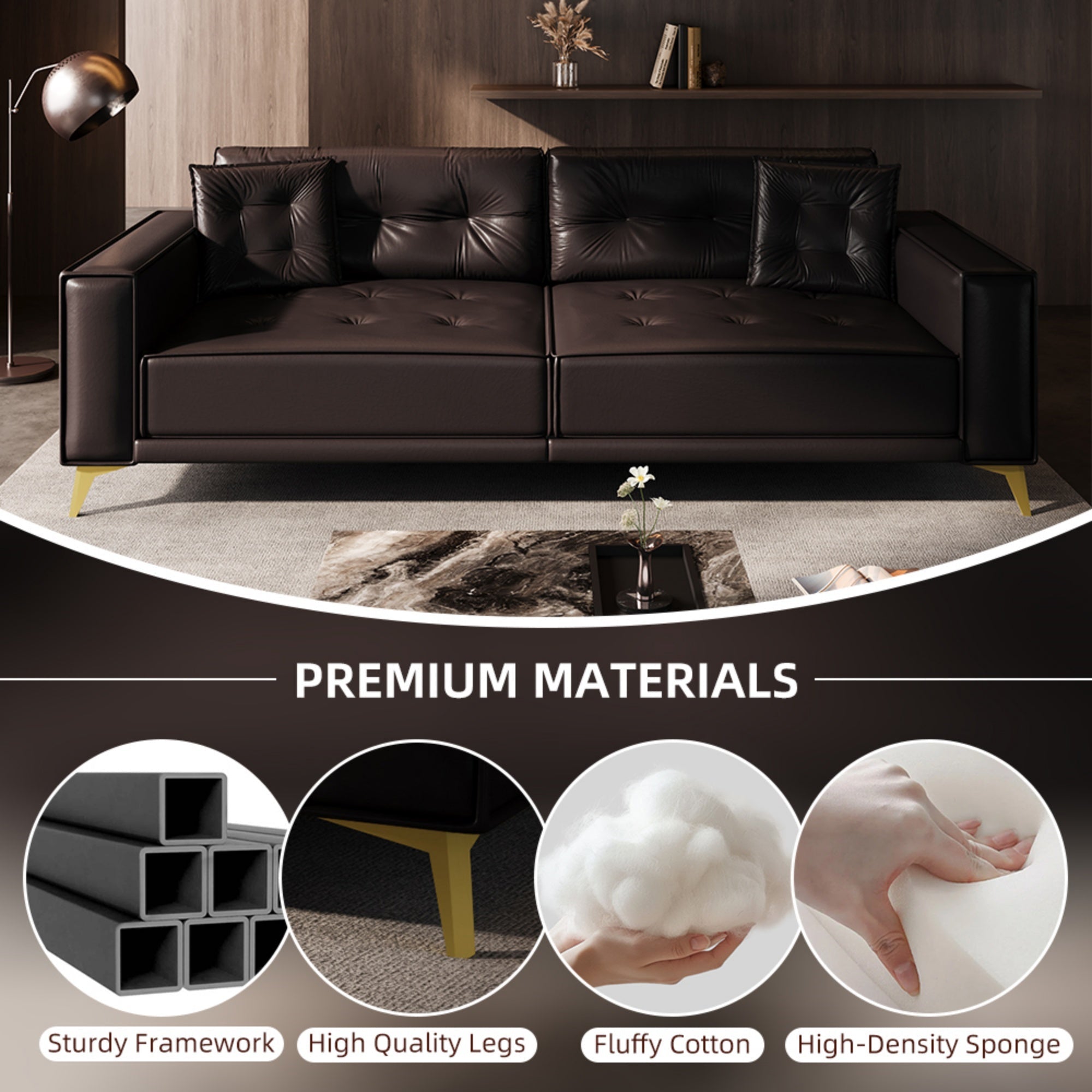 Bellemave® 92.1'' Pull Out Sofa Bed King, Faux Leather Futon Couch, 3 - in - 1 Convertible Sleeper Sofa with Tufted Back, Gold Furniture Legs, Deep Loveseat for Living Room, Apartment, Office - Bellemave