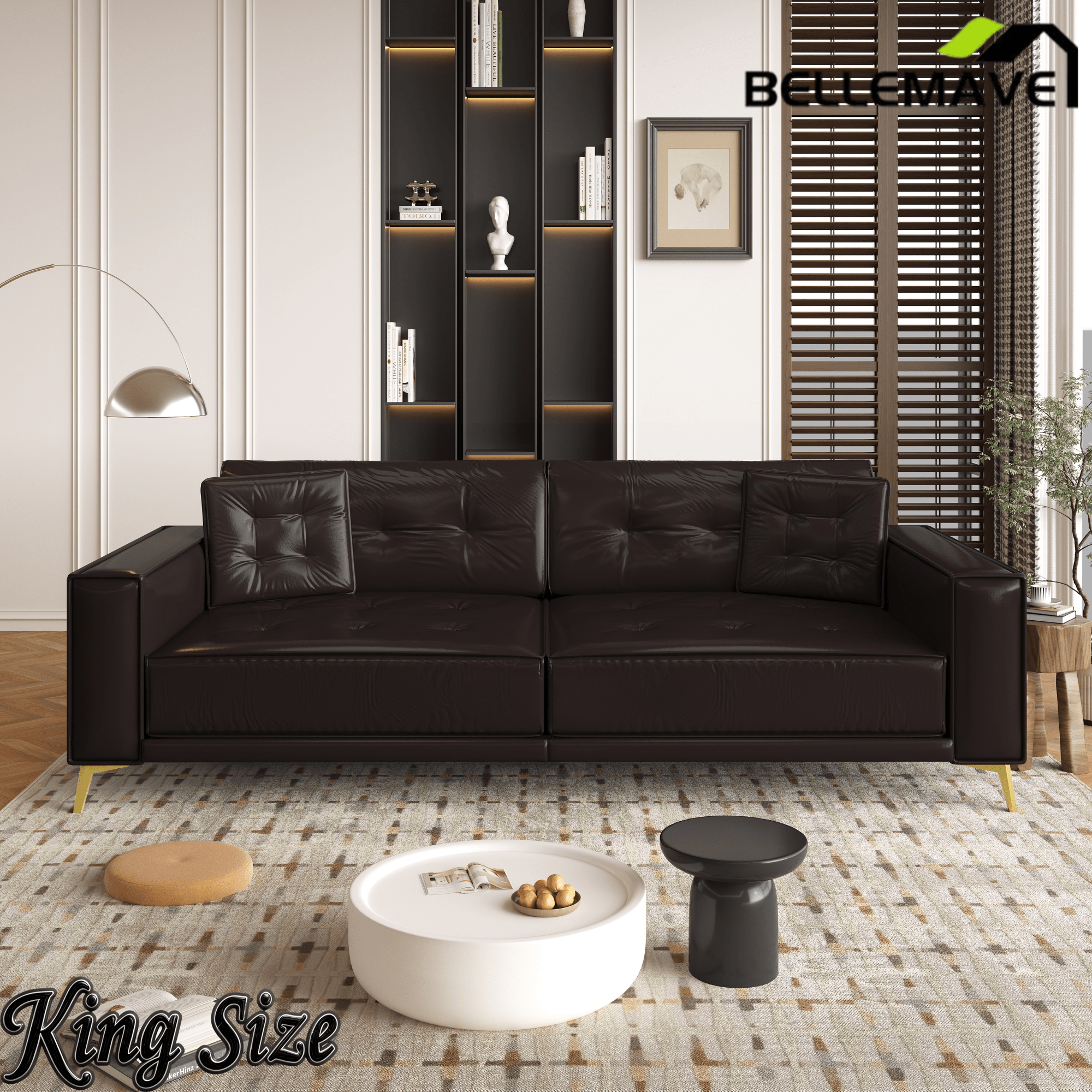 Bellemave® 92.1'' Pull Out Sofa Bed King, Faux Leather Futon Couch, 3 - in - 1 Convertible Sleeper Sofa with Tufted Back, Gold Furniture Legs, Deep Loveseat for Living Room, Apartment, Office - Bellemave