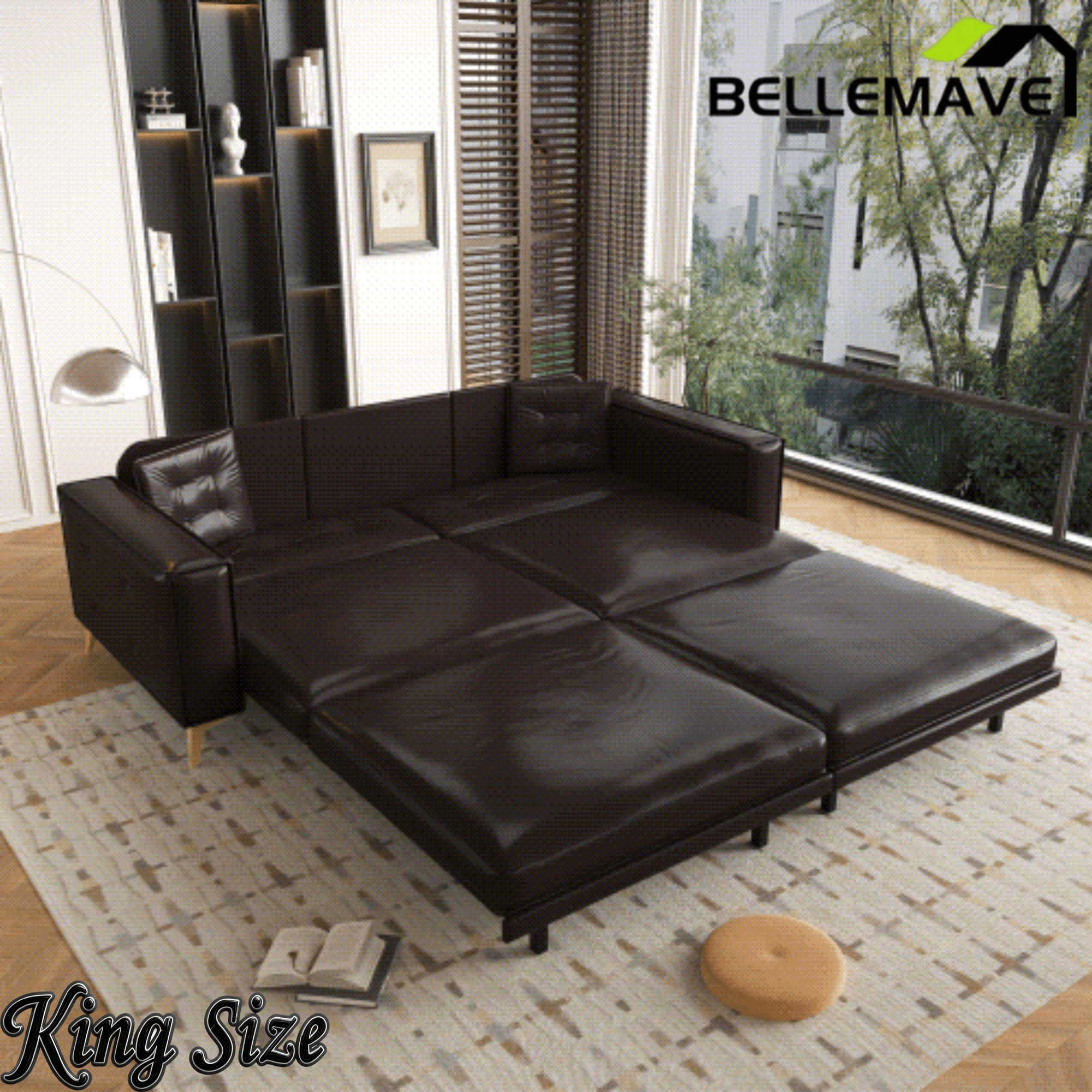 Bellemave® 92.1'' Pull Out Sofa Bed King, Faux Leather Futon Couch, 3 - in - 1 Convertible Sleeper Sofa with Tufted Back, Gold Furniture Legs, Deep Loveseat for Living Room, Apartment, Office - Bellemave
