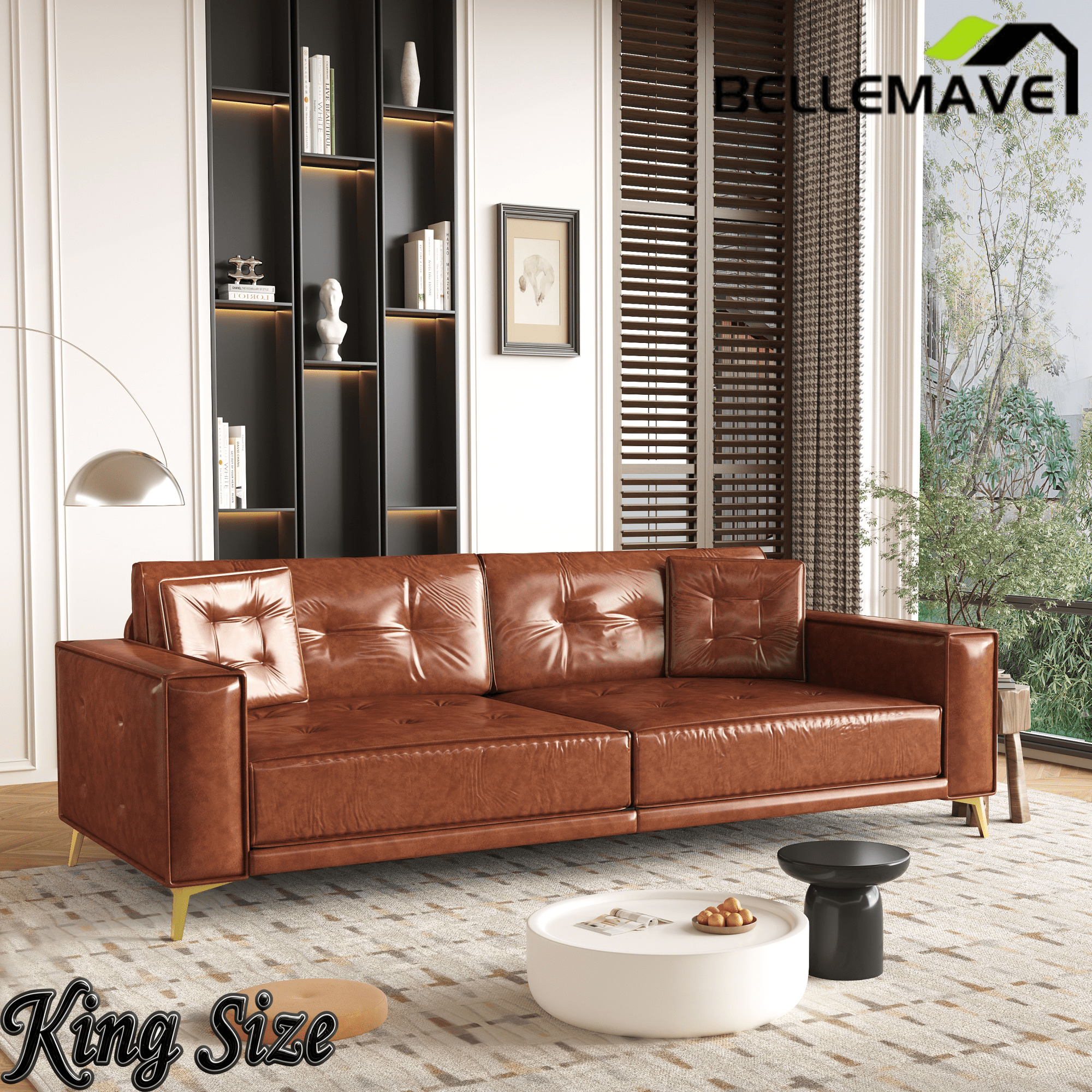 Bellemave® 92.1'' Pull Out Sofa Bed King, Faux Leather Futon Couch, 3 - in - 1 Convertible Sleeper Sofa with Tufted Back, Gold Furniture Legs, Deep Loveseat for Living Room, Apartment, Office - Bellemave