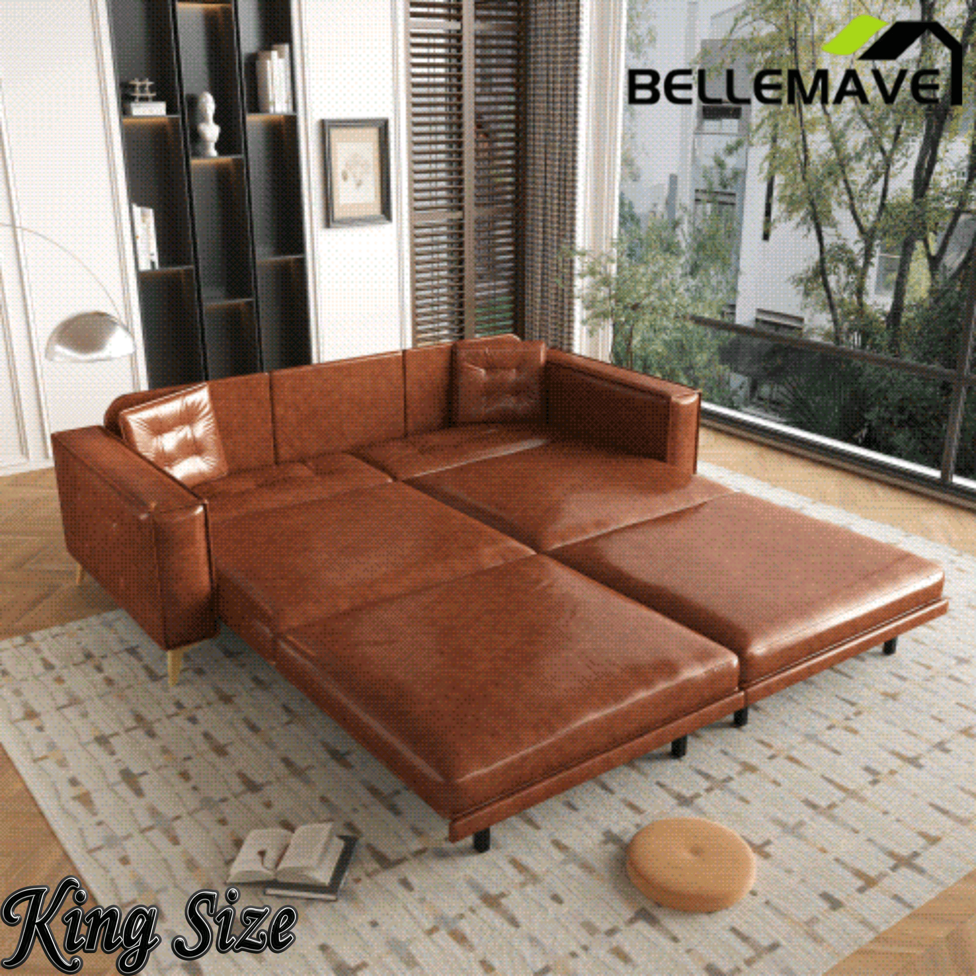 Bellemave® 92.1'' Pull Out Sofa Bed King, Faux Leather Futon Couch, 3 - in - 1 Convertible Sleeper Sofa with Tufted Back, Gold Furniture Legs, Deep Loveseat for Living Room, Apartment, Office - Bellemave