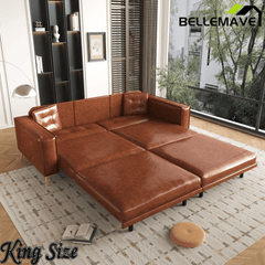 Bellemave® 92.1'' Pull Out Sofa Bed King, Faux Leather Futon Couch, 3 - in - 1 Convertible Sleeper Sofa with Tufted Back, Gold Furniture Legs, Deep Loveseat for Living Room, Apartment, Office - Bellemave