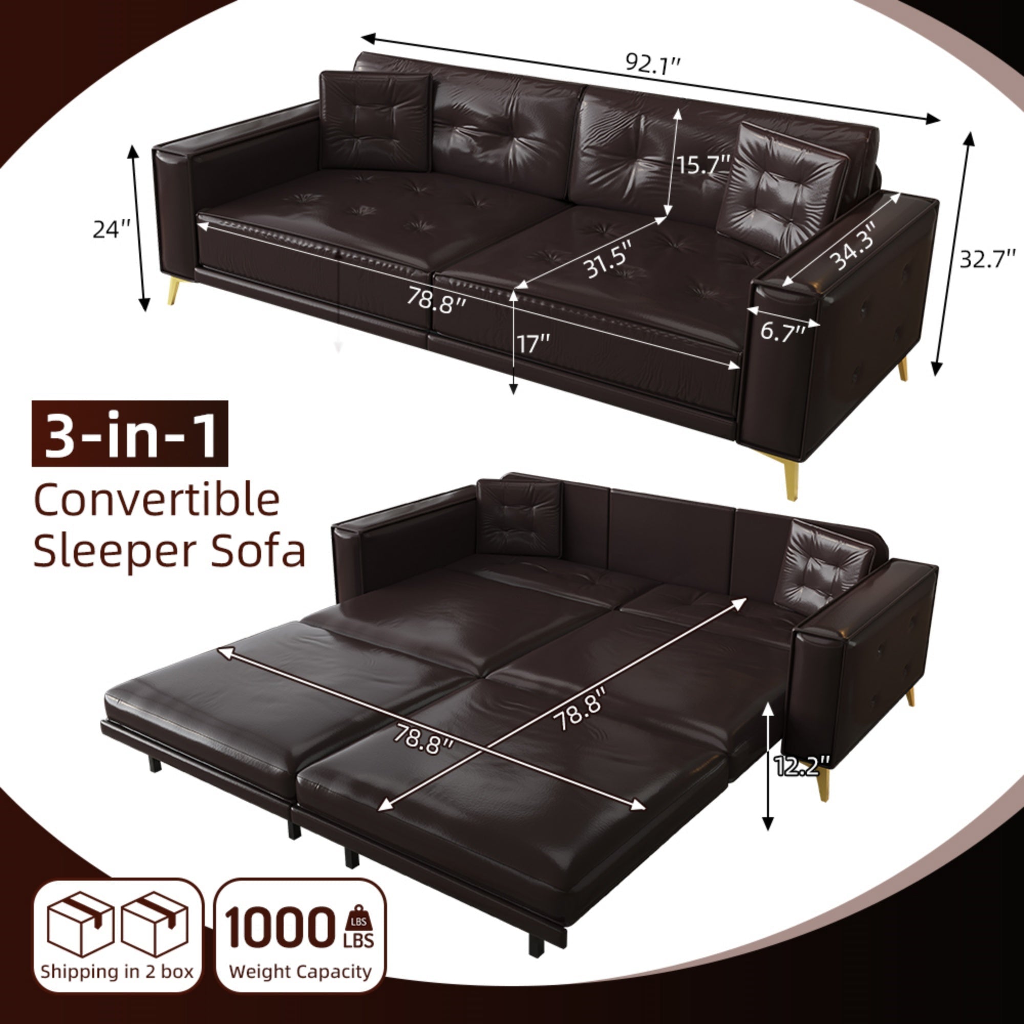 Bellemave® 92.1'' Pull Out Sofa Bed King, Faux Leather Futon Couch, 3 - in - 1 Convertible Sleeper Sofa with Tufted Back, Gold Furniture Legs, Deep Loveseat for Living Room, Apartment, Office - Bellemave