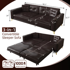 Bellemave® 92.1'' Pull Out Sofa Bed King, Faux Leather Futon Couch, 3 - in - 1 Convertible Sleeper Sofa with Tufted Back, Gold Furniture Legs, Deep Loveseat for Living Room, Apartment, Office - Bellemave