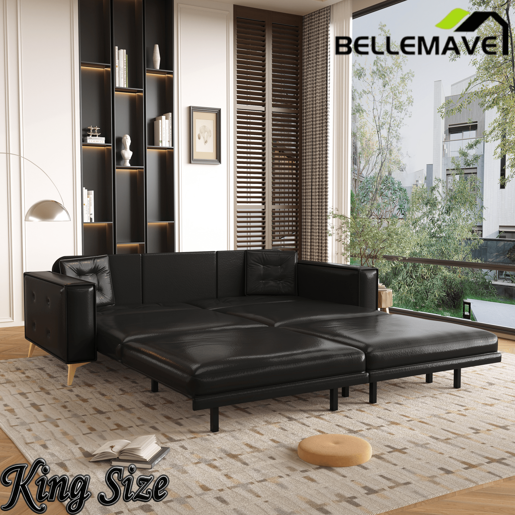 Bellemave® 92.1'' Pull Out Sofa Bed King, Faux Leather Futon Couch, 3 - in - 1 Convertible Sleeper Sofa with Tufted Back, Gold Furniture Legs, Deep Loveseat for Living Room, Apartment, Office - Bellemave