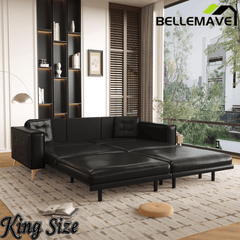 Bellemave® 92.1'' Pull Out Sofa Bed King, Faux Leather Futon Couch, 3 - in - 1 Convertible Sleeper Sofa with Tufted Back, Gold Furniture Legs, Deep Loveseat for Living Room, Apartment, Office - Bellemave