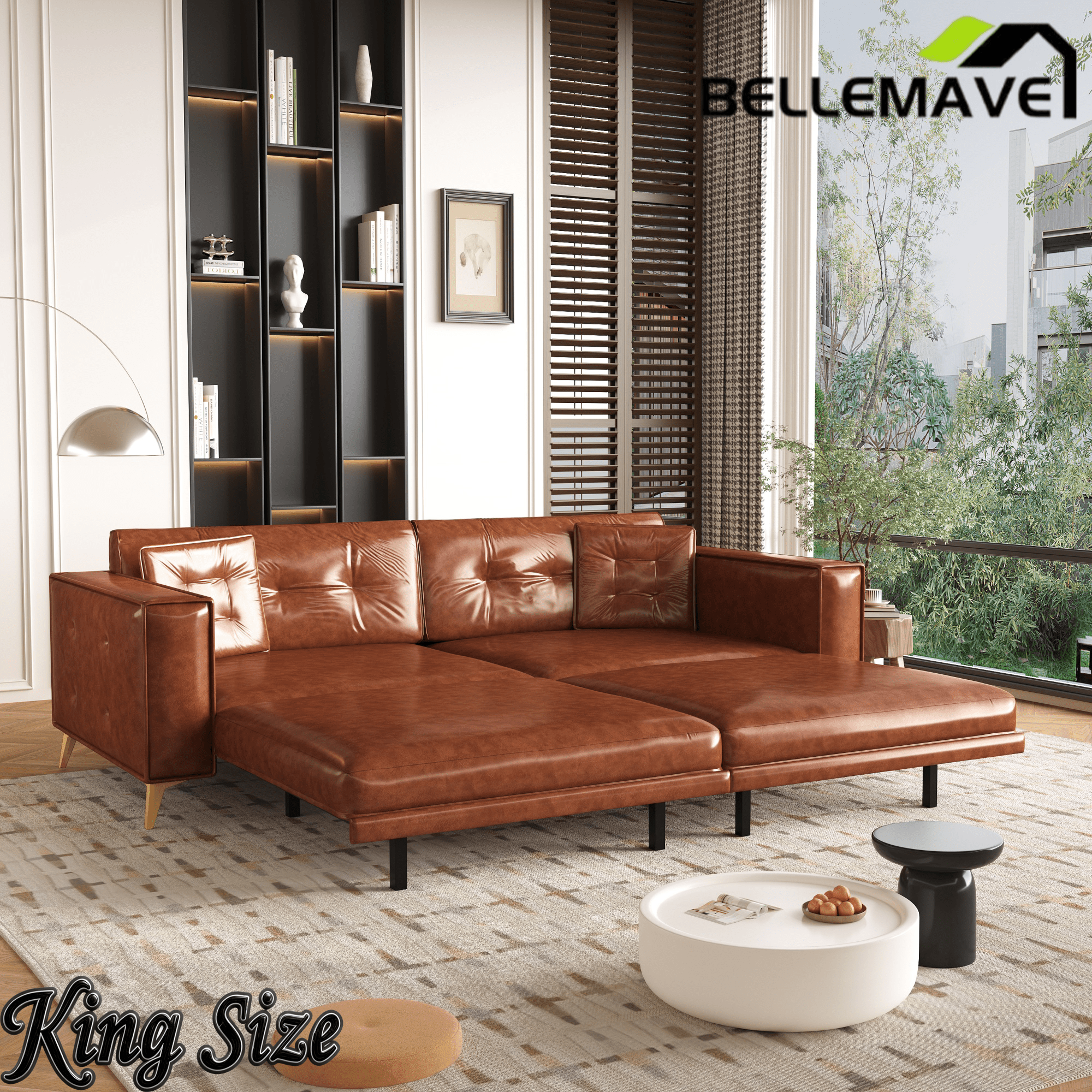 Bellemave® 92.1'' Pull Out Sofa Bed King, Faux Leather Futon Couch, 3 - in - 1 Convertible Sleeper Sofa with Tufted Back, Gold Furniture Legs, Deep Loveseat for Living Room, Apartment, Office - Bellemave