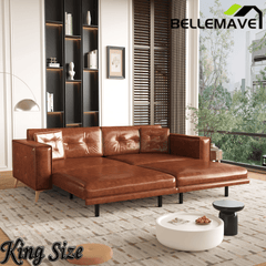 Bellemave® 92.1'' Pull Out Sofa Bed King, Faux Leather Futon Couch, 3 - in - 1 Convertible Sleeper Sofa with Tufted Back, Gold Furniture Legs, Deep Loveseat for Living Room, Apartment, Office - Bellemave