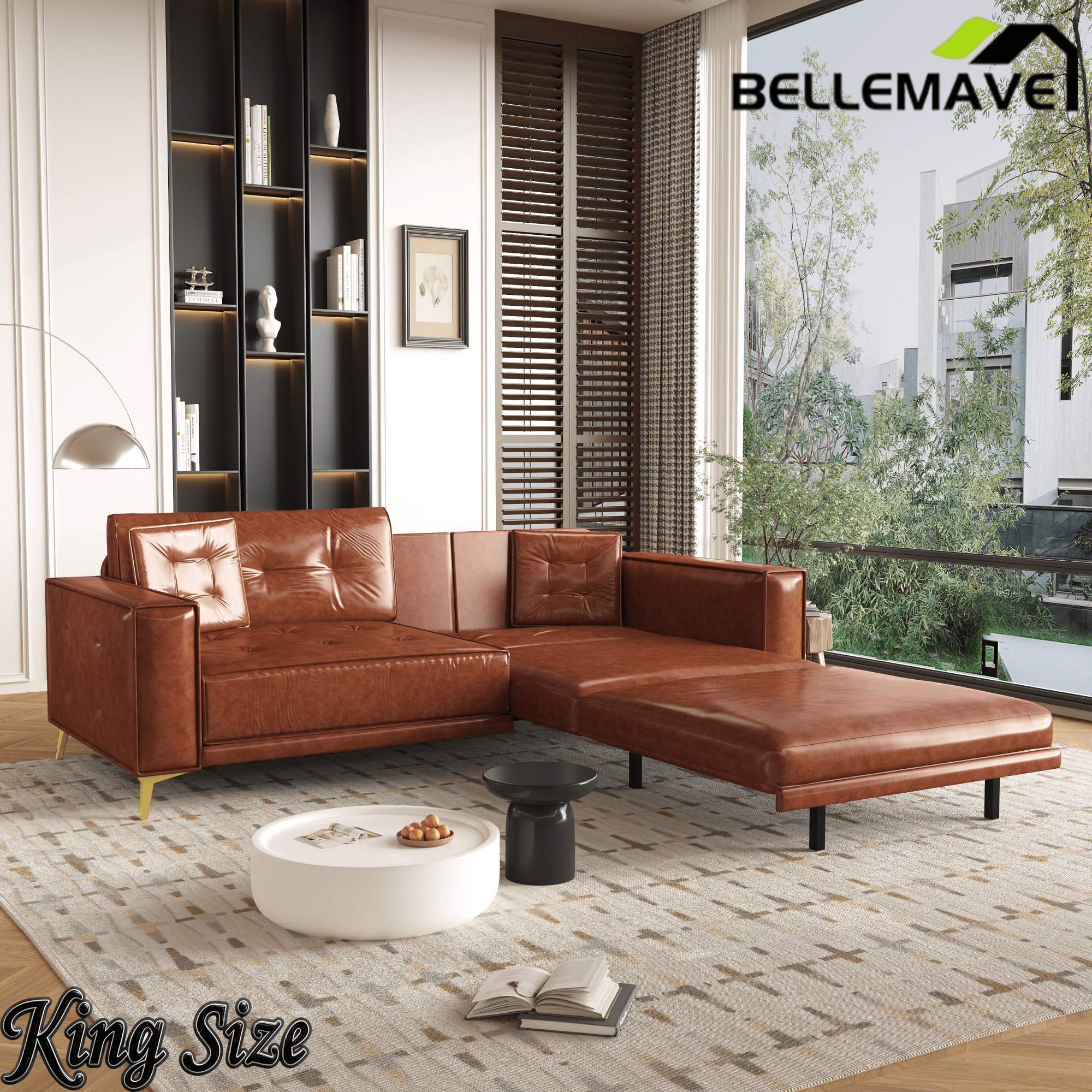 Bellemave® 92.1'' Pull Out Sofa Bed King, Faux Leather Futon Couch, 3 - in - 1 Convertible Sleeper Sofa with Tufted Back, Gold Furniture Legs, Deep Loveseat for Living Room, Apartment, Office - Bellemave