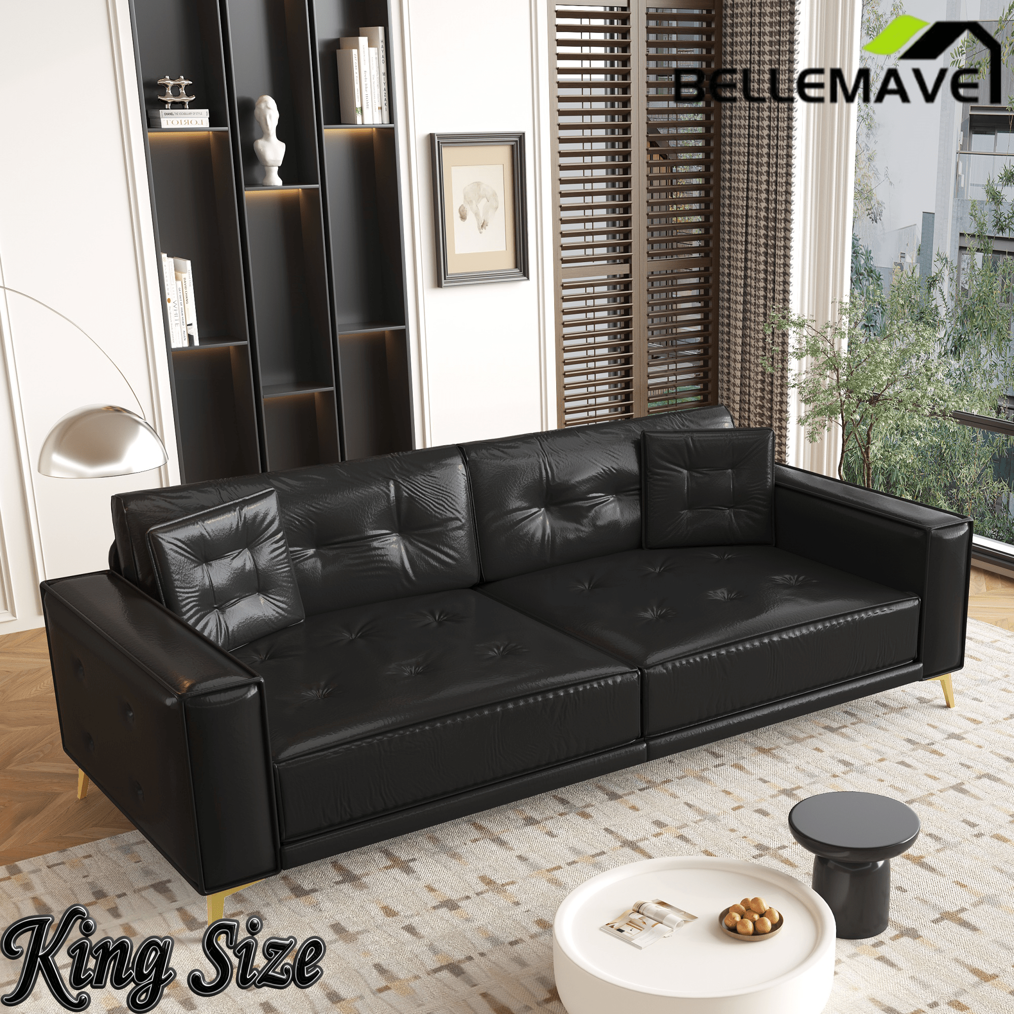 Bellemave® 92.1'' Pull Out Sofa Bed King, Faux Leather Futon Couch, 3 - in - 1 Convertible Sleeper Sofa with Tufted Back, Gold Furniture Legs, Deep Loveseat for Living Room, Apartment, Office - Bellemave