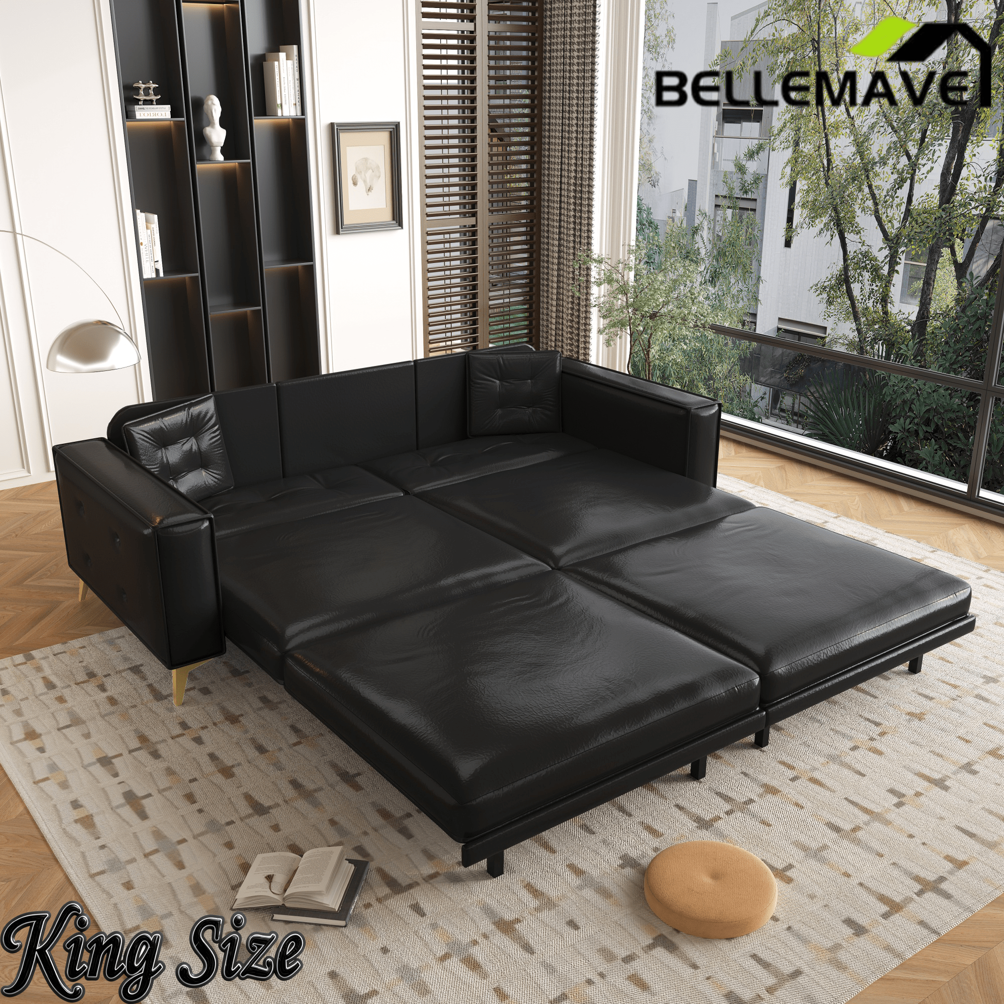 Bellemave® 92.1'' Pull Out Sofa Bed King, Faux Leather Futon Couch, 3 - in - 1 Convertible Sleeper Sofa with Tufted Back, Gold Furniture Legs, Deep Loveseat for Living Room, Apartment, Office - Bellemave