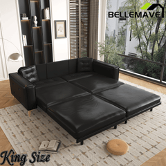 Bellemave® 92.1'' Pull Out Sofa Bed King, Faux Leather Futon Couch, 3 - in - 1 Convertible Sleeper Sofa with Tufted Back, Gold Furniture Legs, Deep Loveseat for Living Room, Apartment, Office - Bellemave