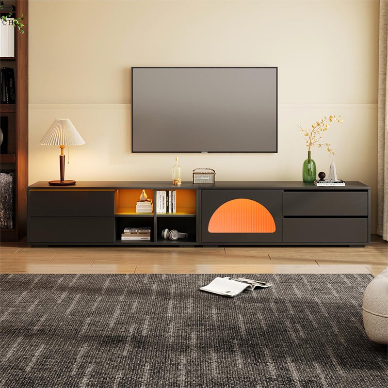 Bellemave® 94.4" Modern TV Stand with Fluted Glass Door and LED Light, Sliding Door & 2 Drawers - Bellemave