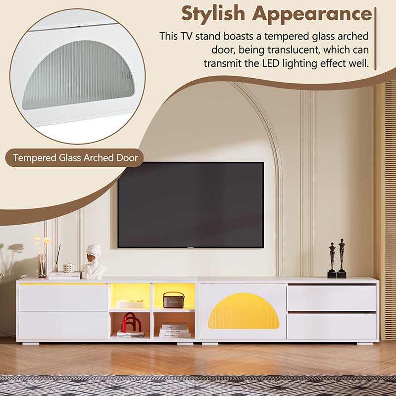 Bellemave® 94.4" Modern TV Stand with Fluted Glass Door and LED Light, Sliding Door & 2 Drawers - Bellemave