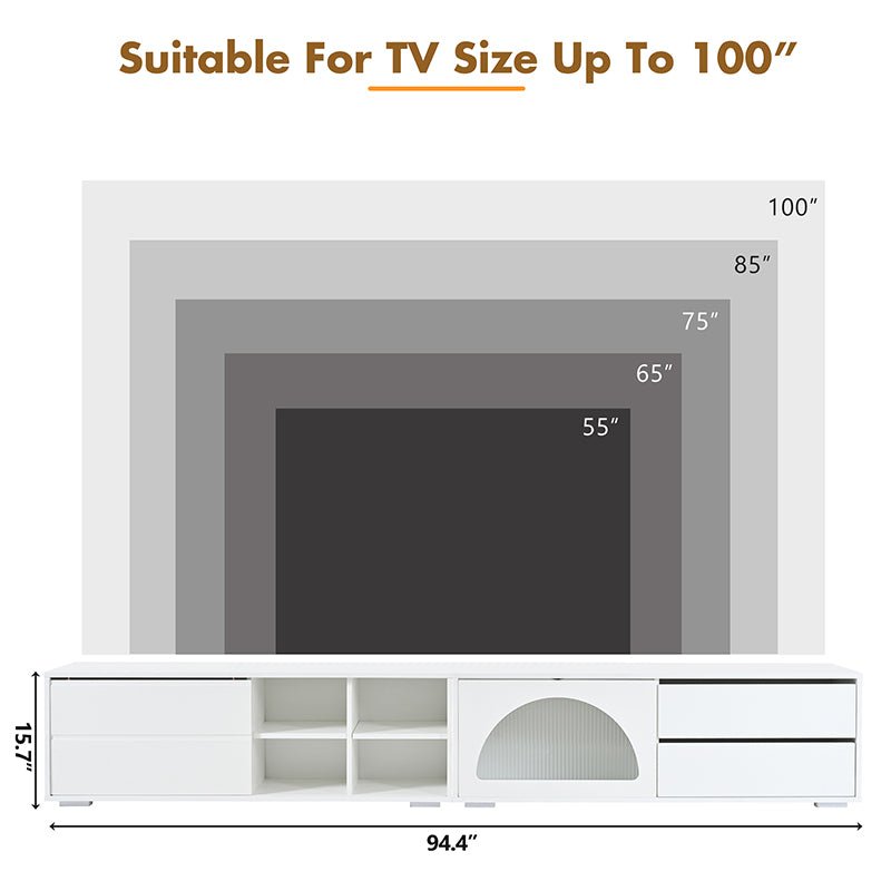 Bellemave® 94.4" Modern TV Stand with Fluted Glass Door and LED Light, Sliding Door & 2 Drawers - Bellemave