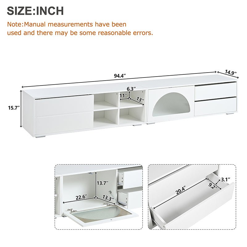 Bellemave® 94.4" Modern TV Stand with Fluted Glass Door and LED Light, Sliding Door & 2 Drawers - Bellemave