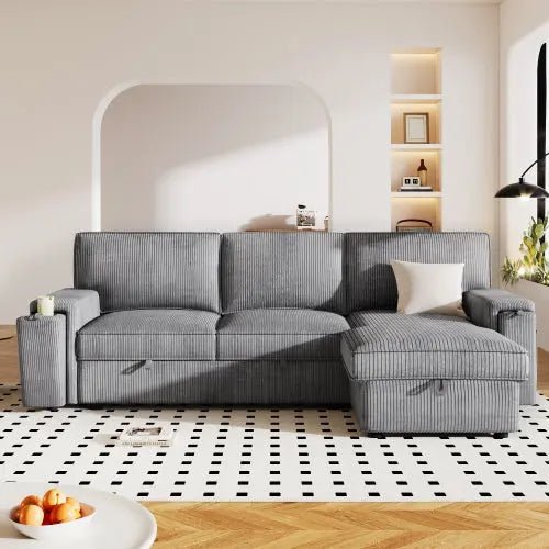 Bellemave® 96.1" Upholstery Sleeper Sectional Sofa with Storage Bags and 2 cup holders on Arms - Bellemave