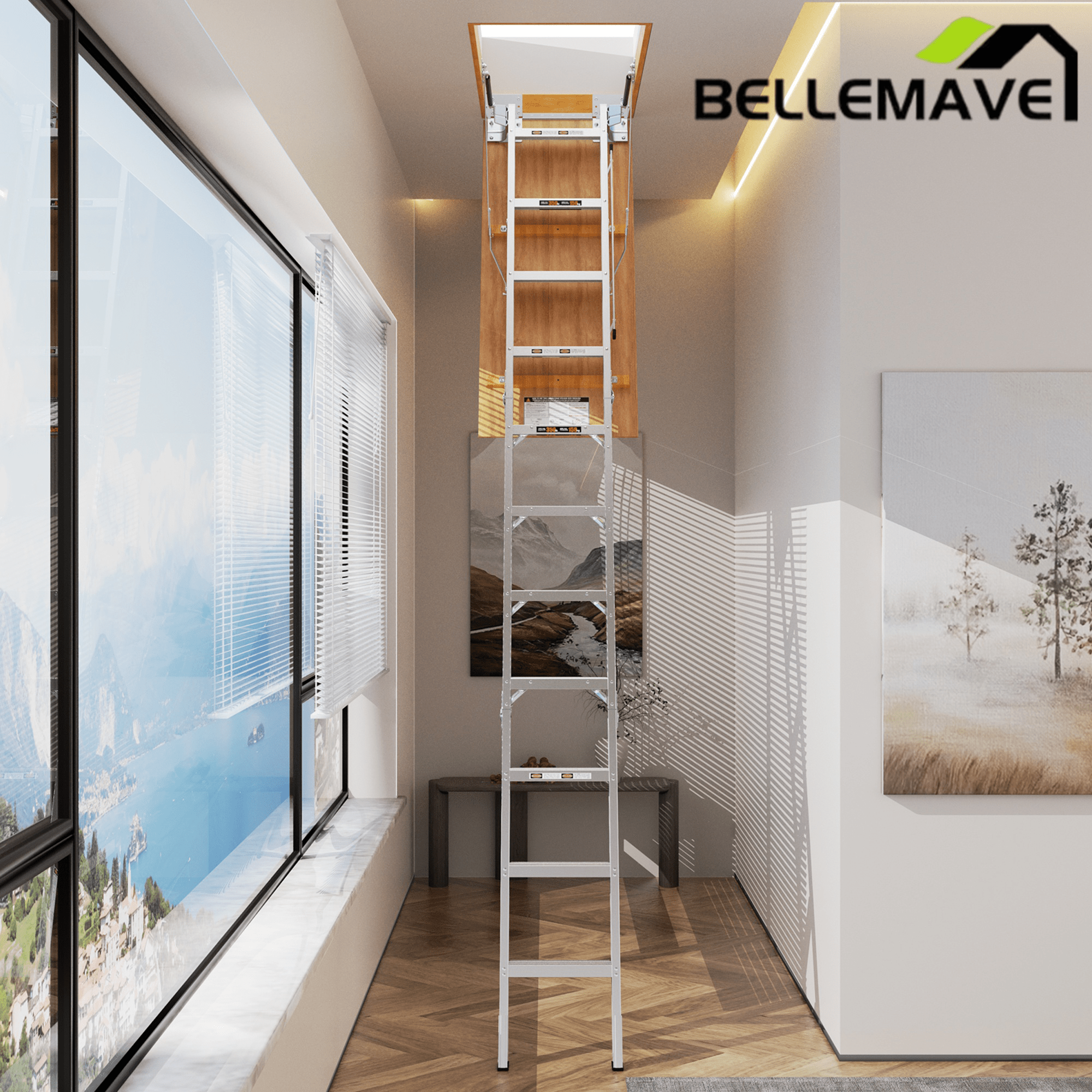 Bellemave® Aluminum Attic Ladder Pull Down System, Drop Down Ladder Stairs for Attic Access - Bellemave