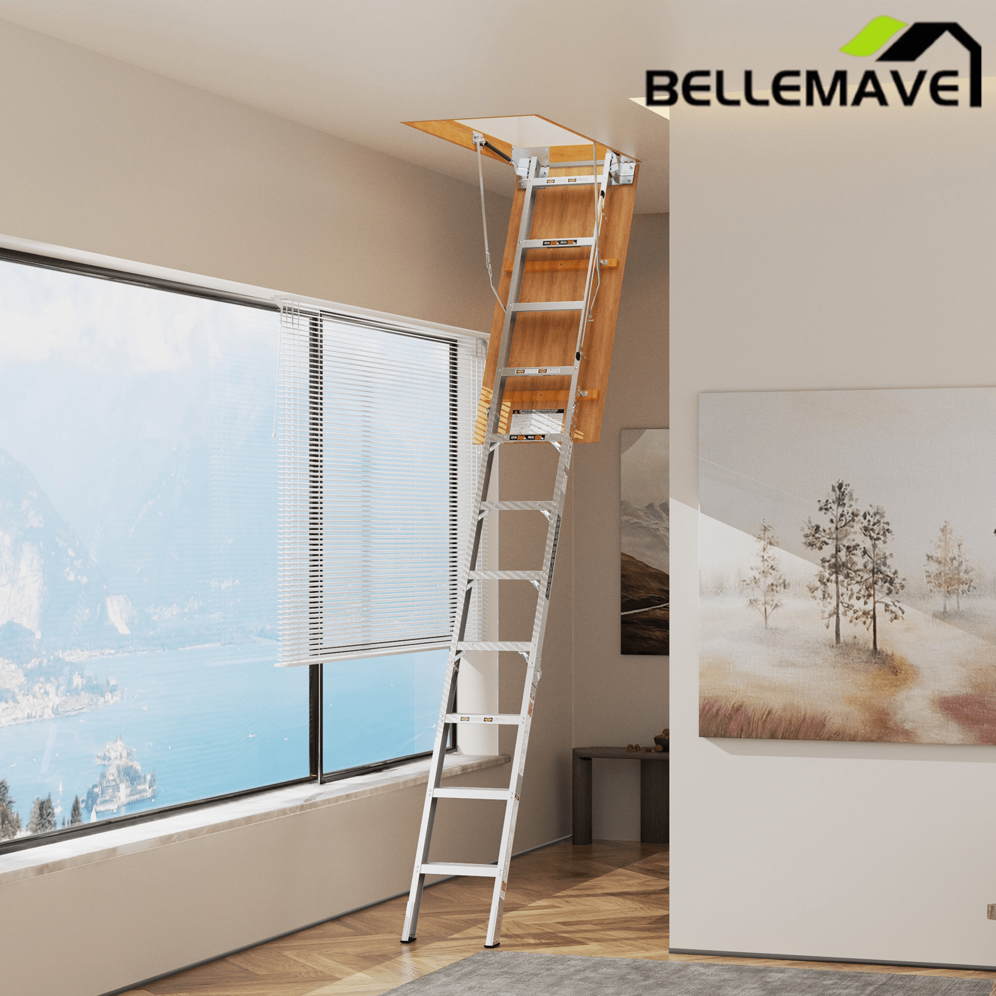 Bellemave® Aluminum Attic Ladder Pull Down System, Drop Down Ladder Stairs for Attic Access - Bellemave