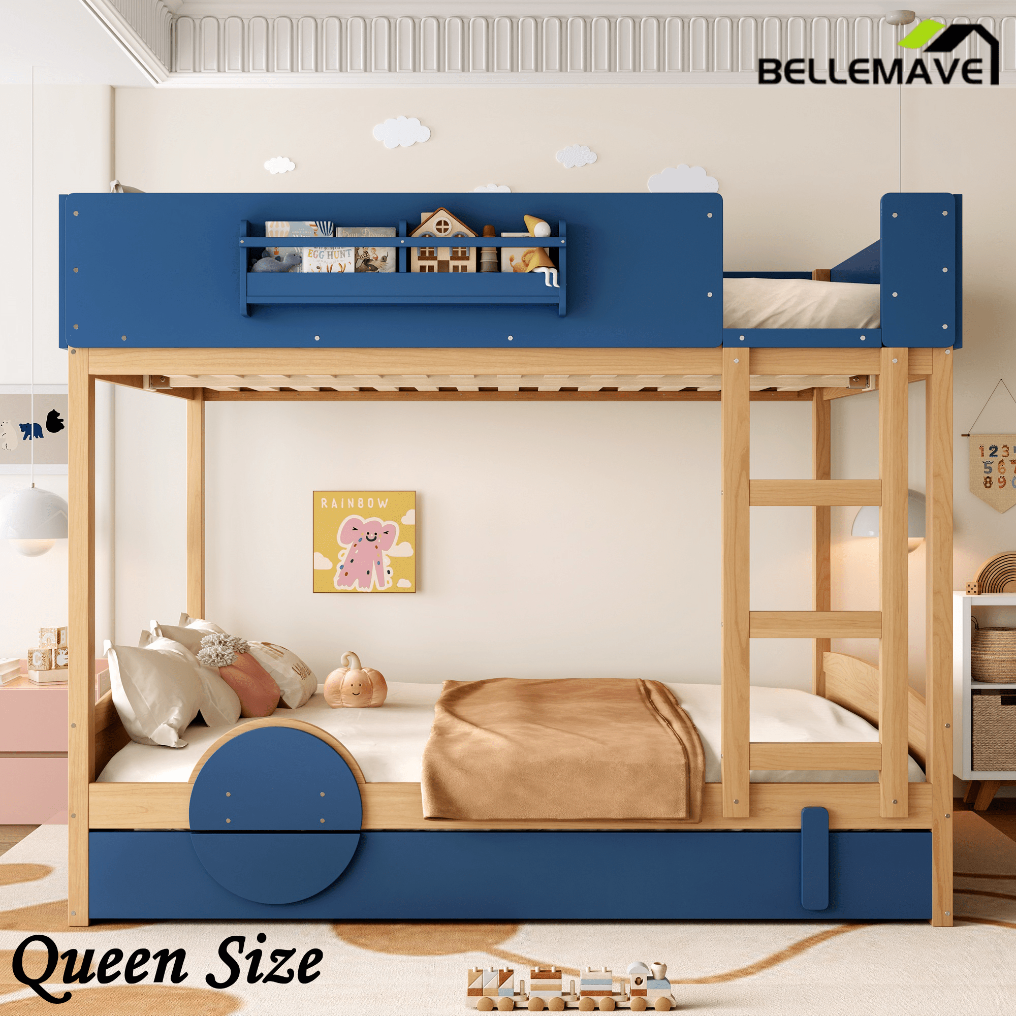 Bellemave® Automobile Form Design for Kids ,Queen Bunk Beds with Trundle , Wooden Bunk Bed with Built - in Bookshelf & High - quality Safety Guardrail,White＆ Beige - Bellemave