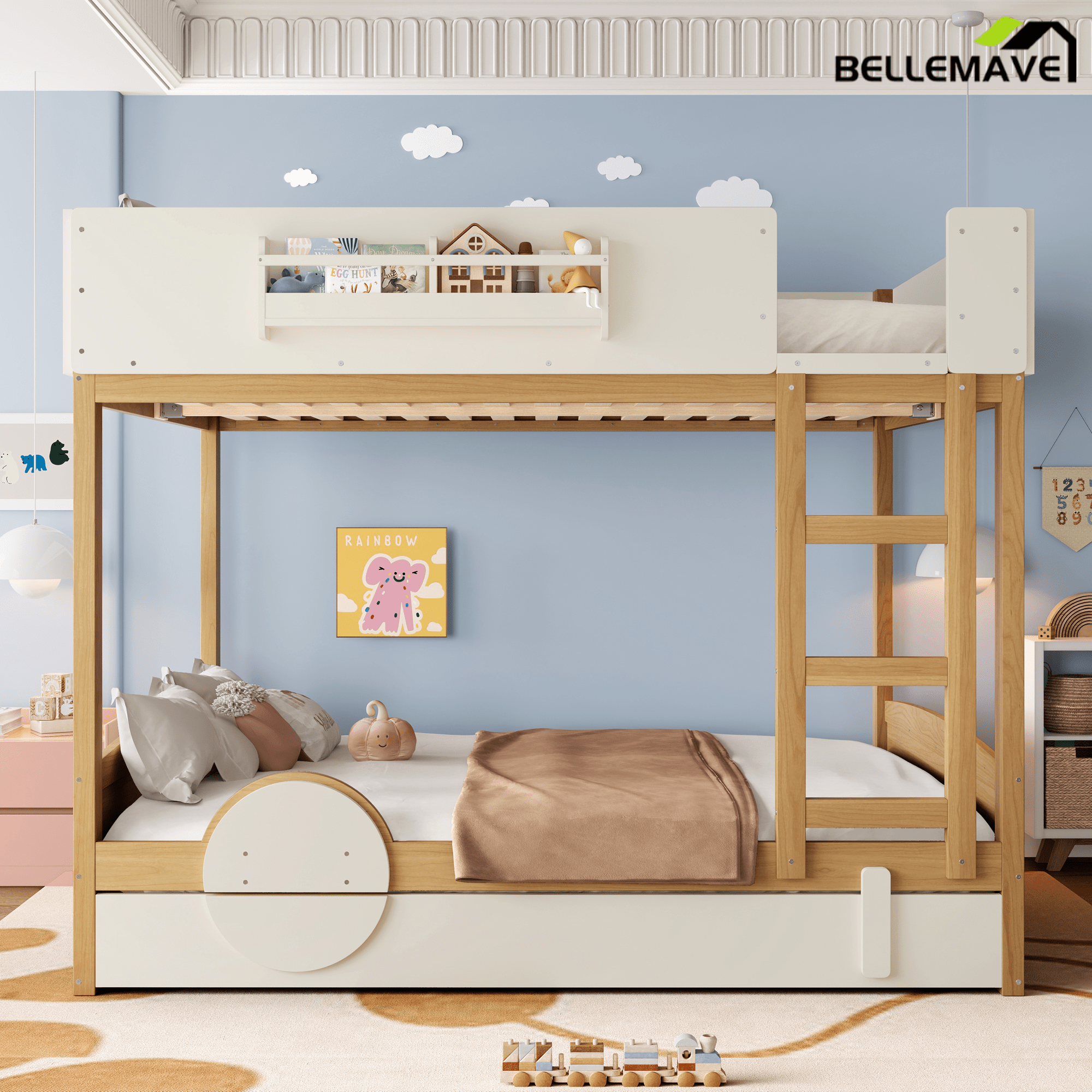 Bellemave® Automobile Form Design for Kids ,Queen Bunk Beds with Trundle , Wooden Bunk Bed with Built - in Bookshelf & High - quality Safety Guardrail,White＆ Beige - Bellemave