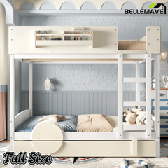 Bellemave® Automobile Form Design for Kids ,Queen Bunk Beds with Trundle , Wooden Bunk Bed with Built - in Bookshelf & High - quality Safety Guardrail,White＆ Beige - Bellemave