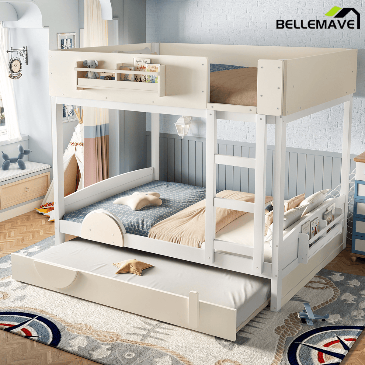 Bellemave® Automobile Form Design for Kids ,Queen Bunk Beds with Trundle , Wooden Bunk Bed with Built - in Bookshelf & High - quality Safety Guardrail,White＆ Beige - Bellemave