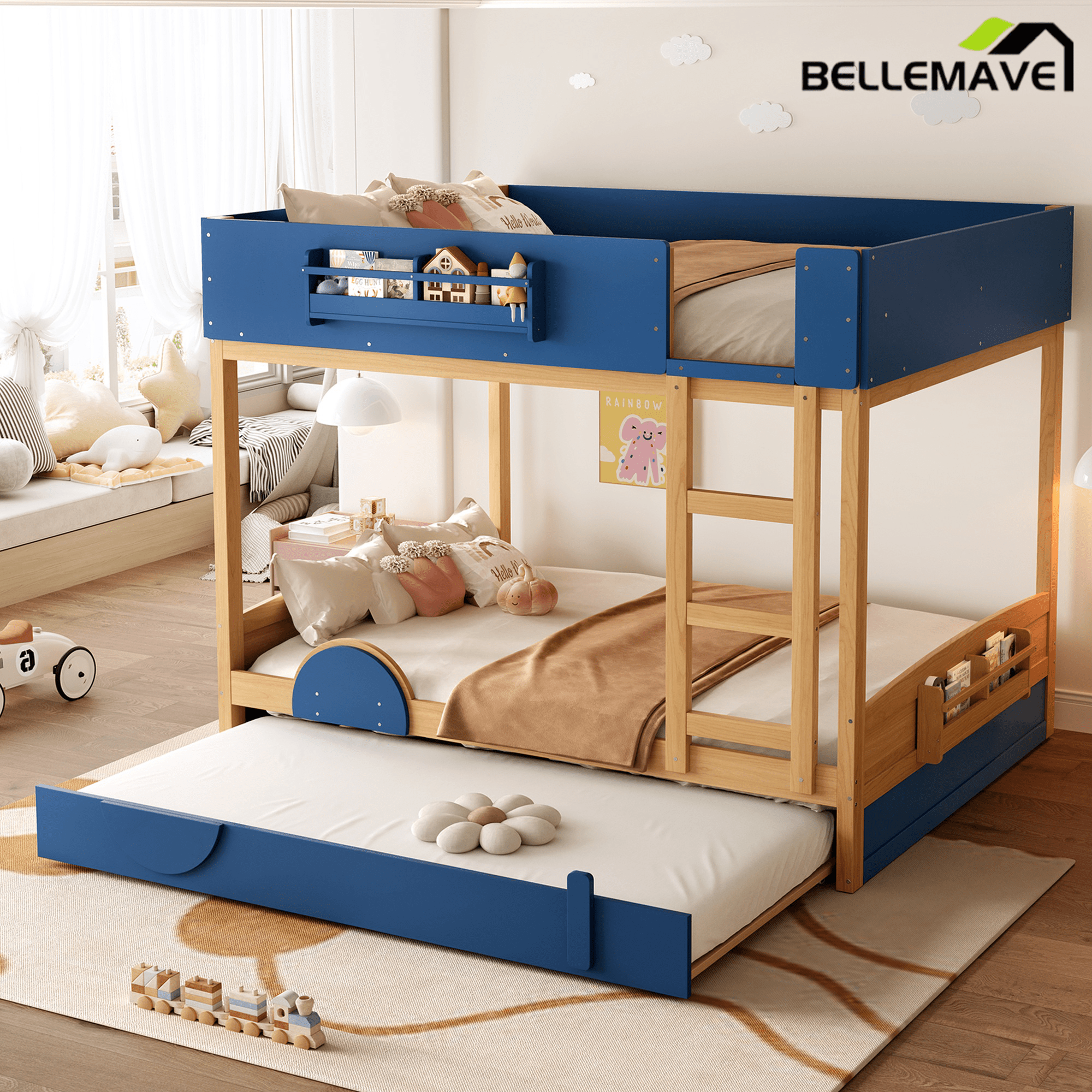 Bellemave® Automobile Form Design for Kids ,Queen Bunk Beds with Trundle , Wooden Bunk Bed with Built - in Bookshelf & High - quality Safety Guardrail,White＆ Beige - Bellemave