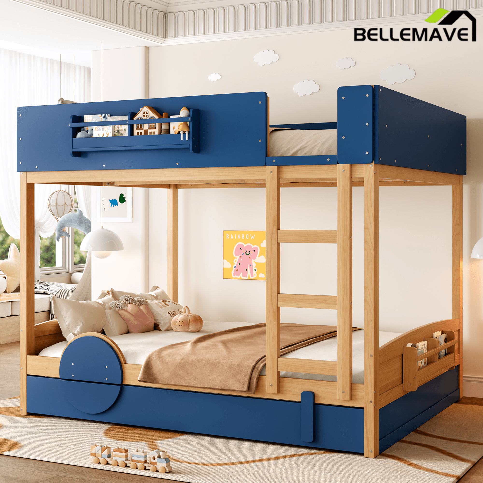 Bellemave® Automobile Form Design for Kids ,Queen Bunk Beds with Trundle , Wooden Bunk Bed with Built - in Bookshelf & High - quality Safety Guardrail,White＆ Beige - Bellemave
